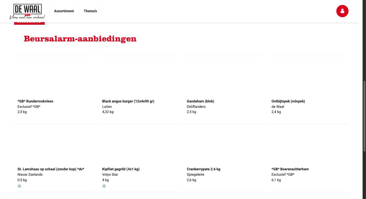 De actiepagina met de rode kop Beursalarm-aanbiedingen en daaronder productkaarten met foto, naam, merk en gewicht, vier per rij.