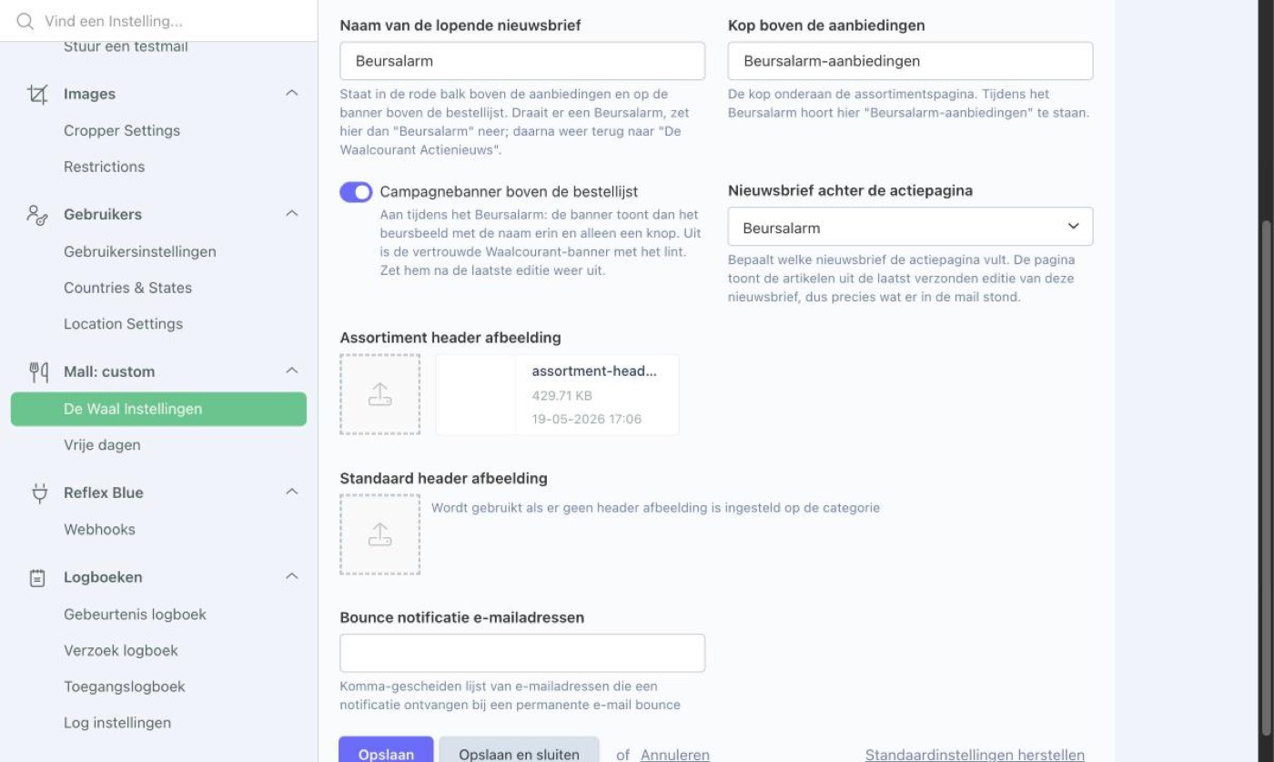 Het scherm De Waal Instellingen met de vier ingevulde velden: naam van de lopende nieuwsbrief, kop boven de aanbiedingen, de schakelaar voor de campagnebanner en de keuzelijst voor de nieuwsbrief achter de actiepagina.