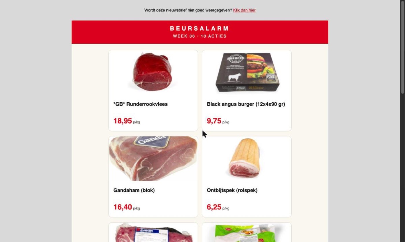 De bovenkant van de Beursalarm-nieuwsbrief met een rode balk met het woord BEURSALARM, daaronder vier productvakken met foto, naam en prijs.