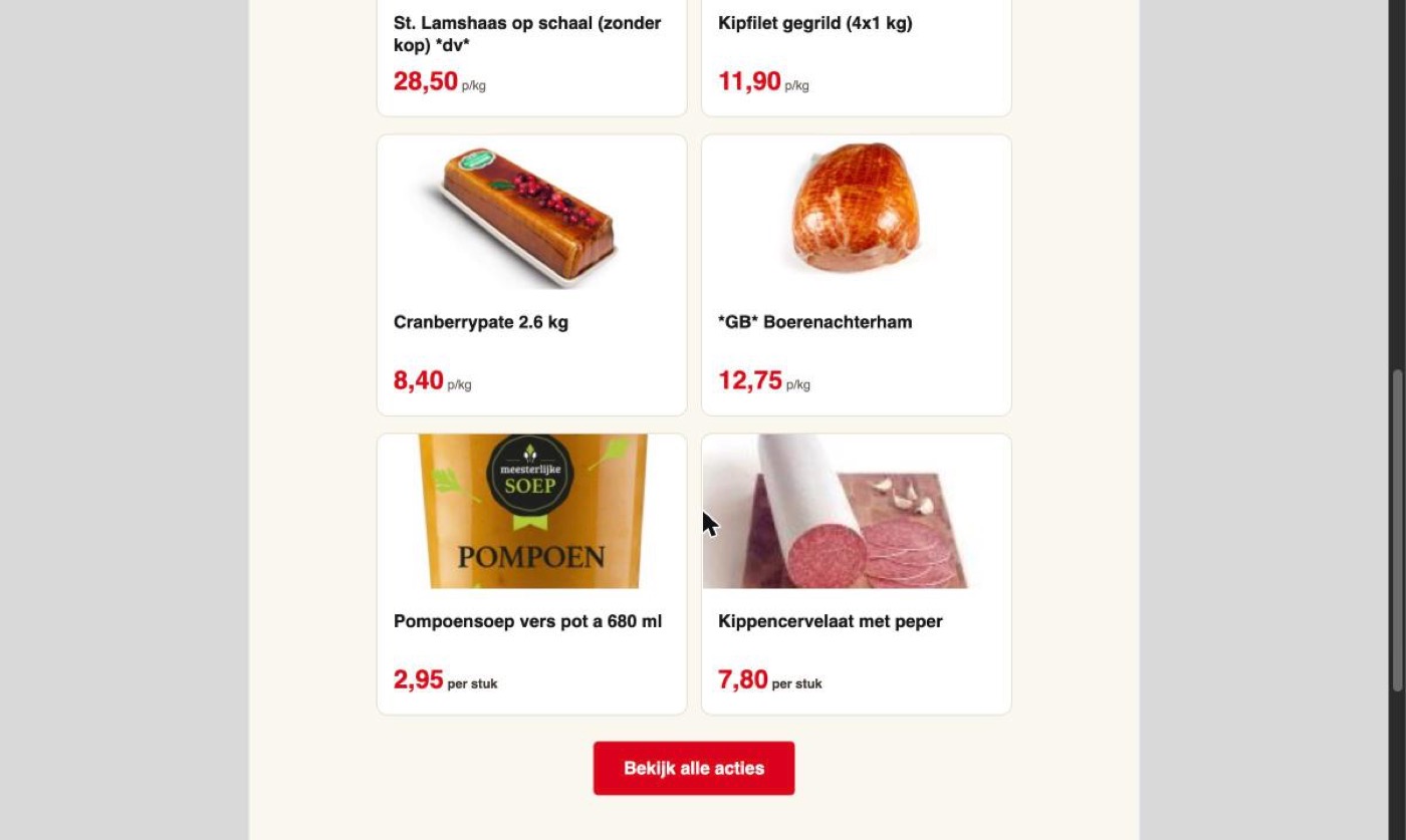 De onderkant van de nieuwsbrief met de laatste productvakken en een rode knop Bekijk alle acties.